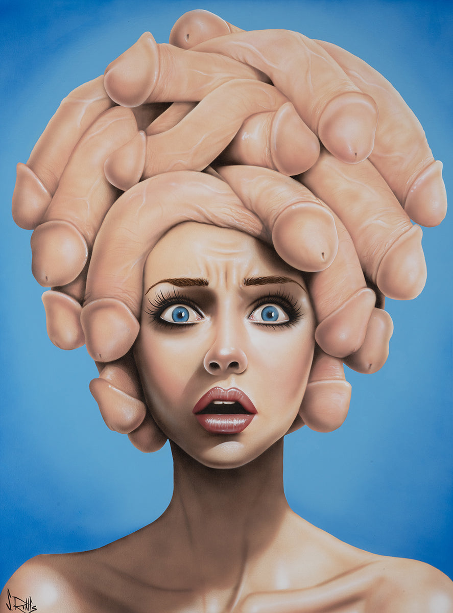 figurative portrait art of a woman with penises on her head by Scott Rohlfs