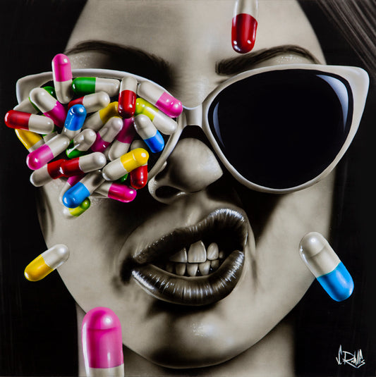 figurative portrait art of a woman with pills by Scott Rohlfs