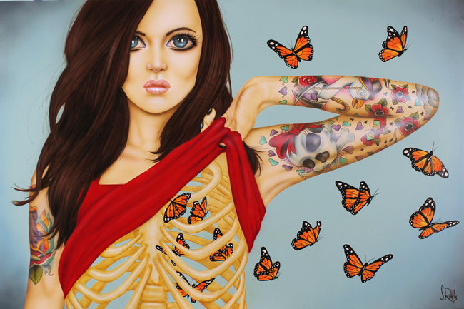 figurative portrait art of a woman with tattoos and butterflies by Scott Rohlfs